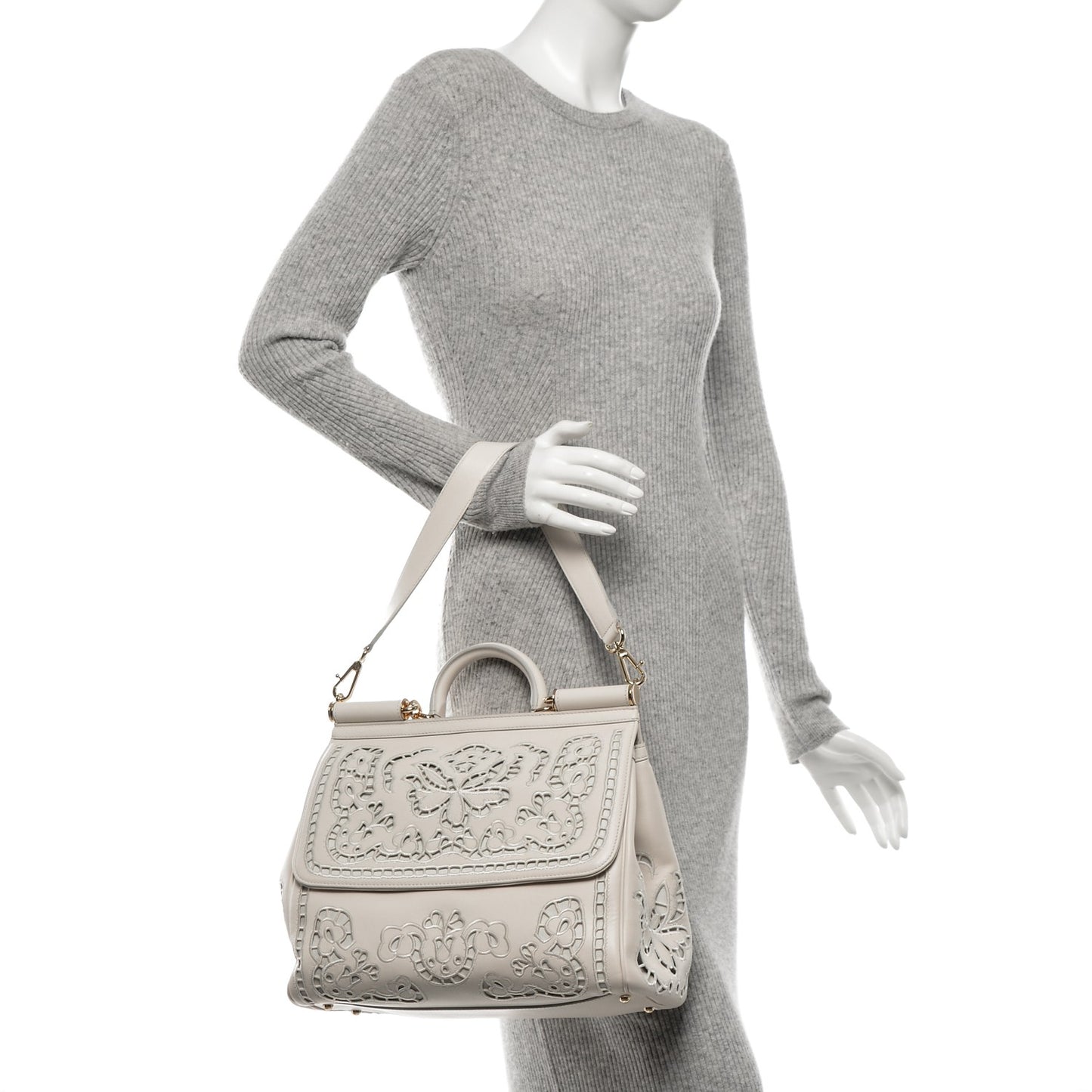 Calfskin Large Embroidered Laser Cut Miss Sicily Satchel Beige