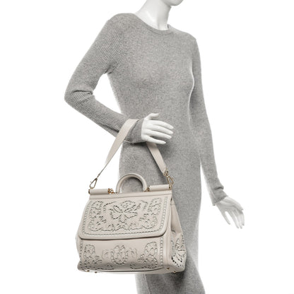 Dolce & Gabbana Calfskin Large Embroidered Laser Cut Miss Sicily Satchel Beige 2 of 7