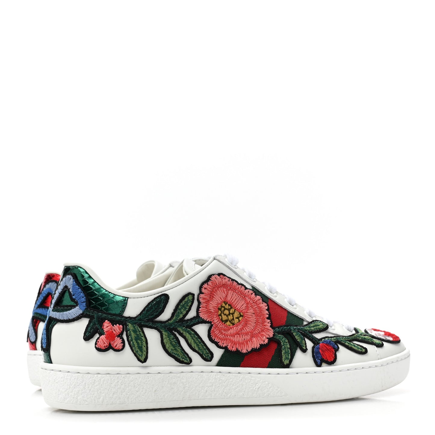 Calfskin Web Floral Embroidered Womens Ace Sneakers 35 White