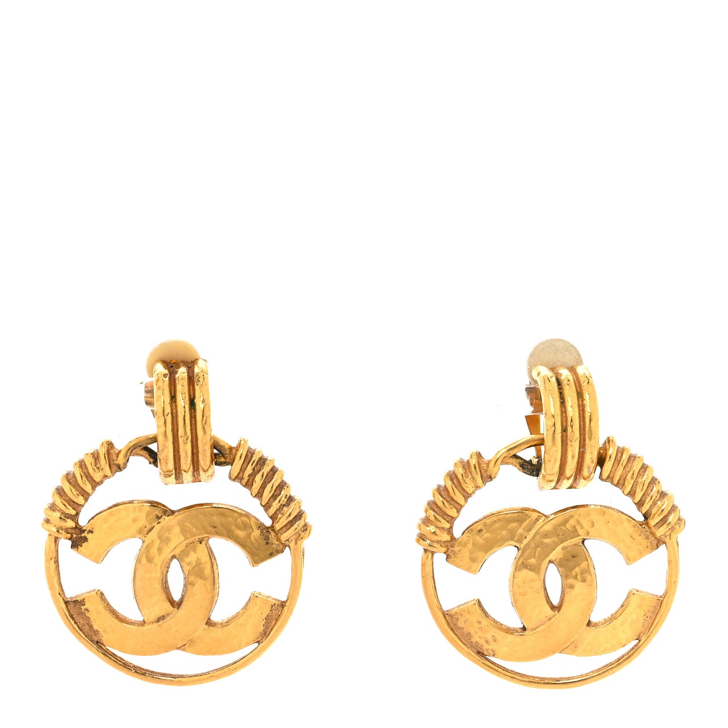 Metal Round CC Drop Clip On Earrings Gold