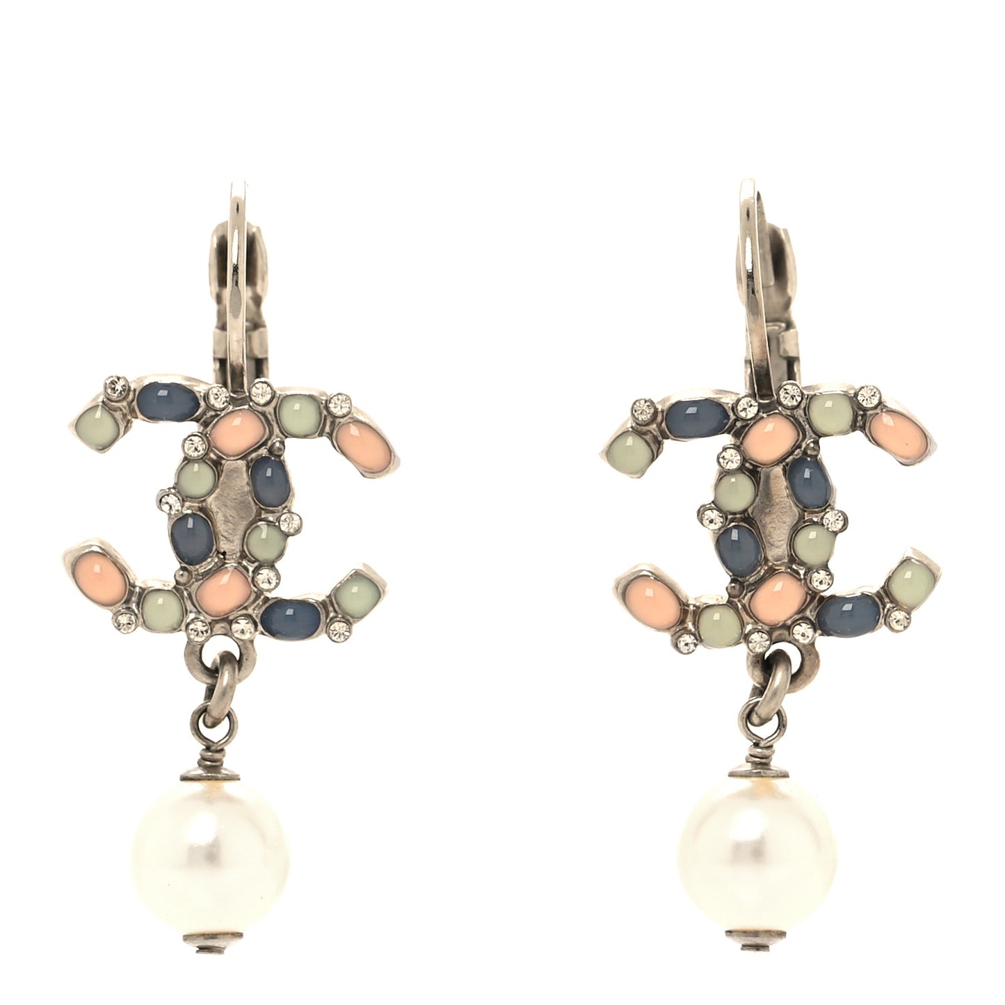 Gripoix Crystal Pearl CC Drop Earrings Silver Multicolor