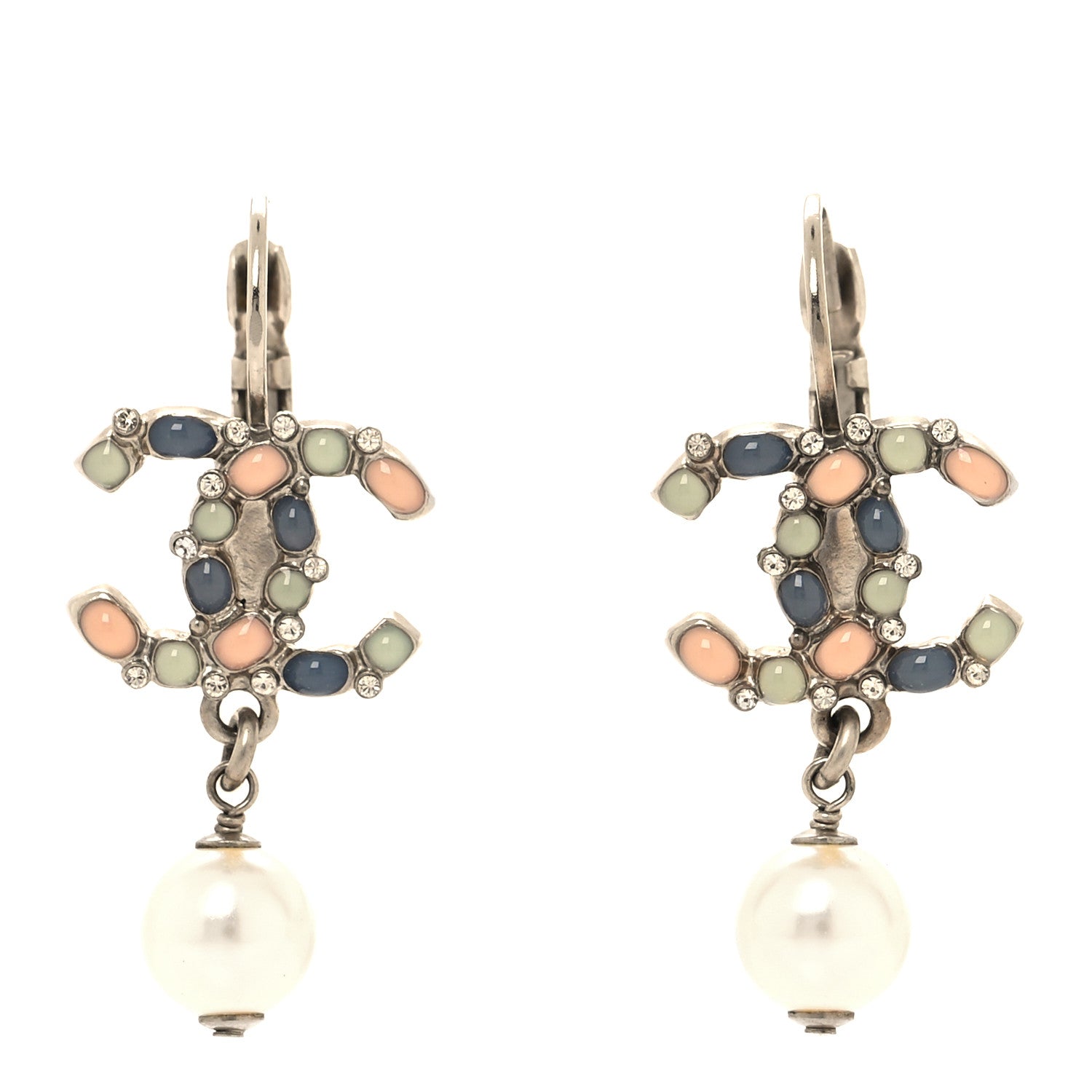 Chanel Gripoix Crystal Pearl CC Drop Earrings Silver Multicolor 1 of 5