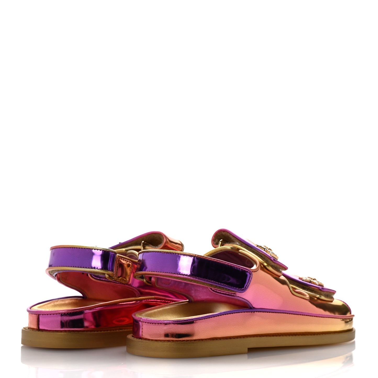 Metallic Laminated Calfskin Crystal Star CC Velcro Dad Sandals 38 Gold Multicolor