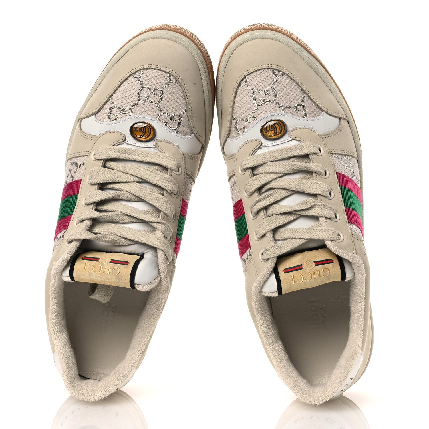 Gucci Calfskin Lame GG Monogram Web Womens Screener Sneakers 40 Gardenia Silver Dusty Milk White 2 of 14