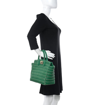 Salvatore Ferragamo Raffia Calfskin The Studio Box Tote Smeraldo 2 of 9