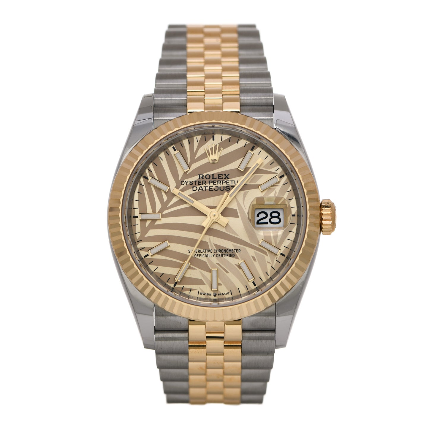 Stainless Steel 18K Yellow Gold 36mm Oyster Perpetual Datejust Watch Golden Palm 126233