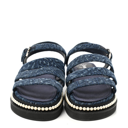Chanel Denim Pearl Flat Sandals 36 Blue 2 of 8