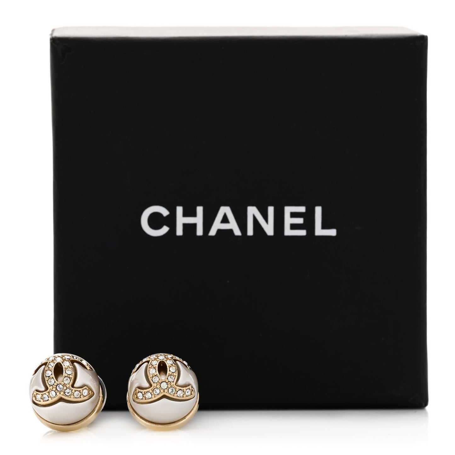 Pearl Crystal Metal CC Round Earrings Gold