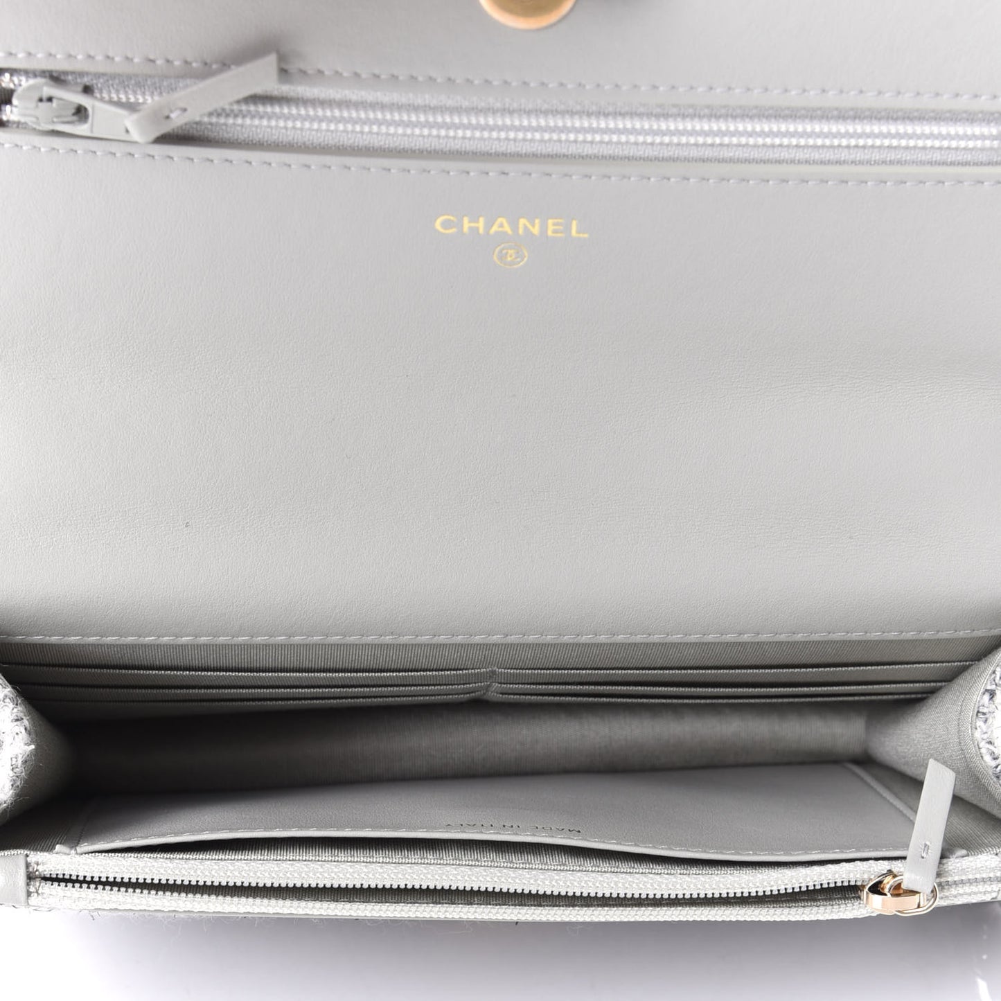 Wool Tweed Lambskin Quilted Chanel 19 Wallet On Chain WOC Grey