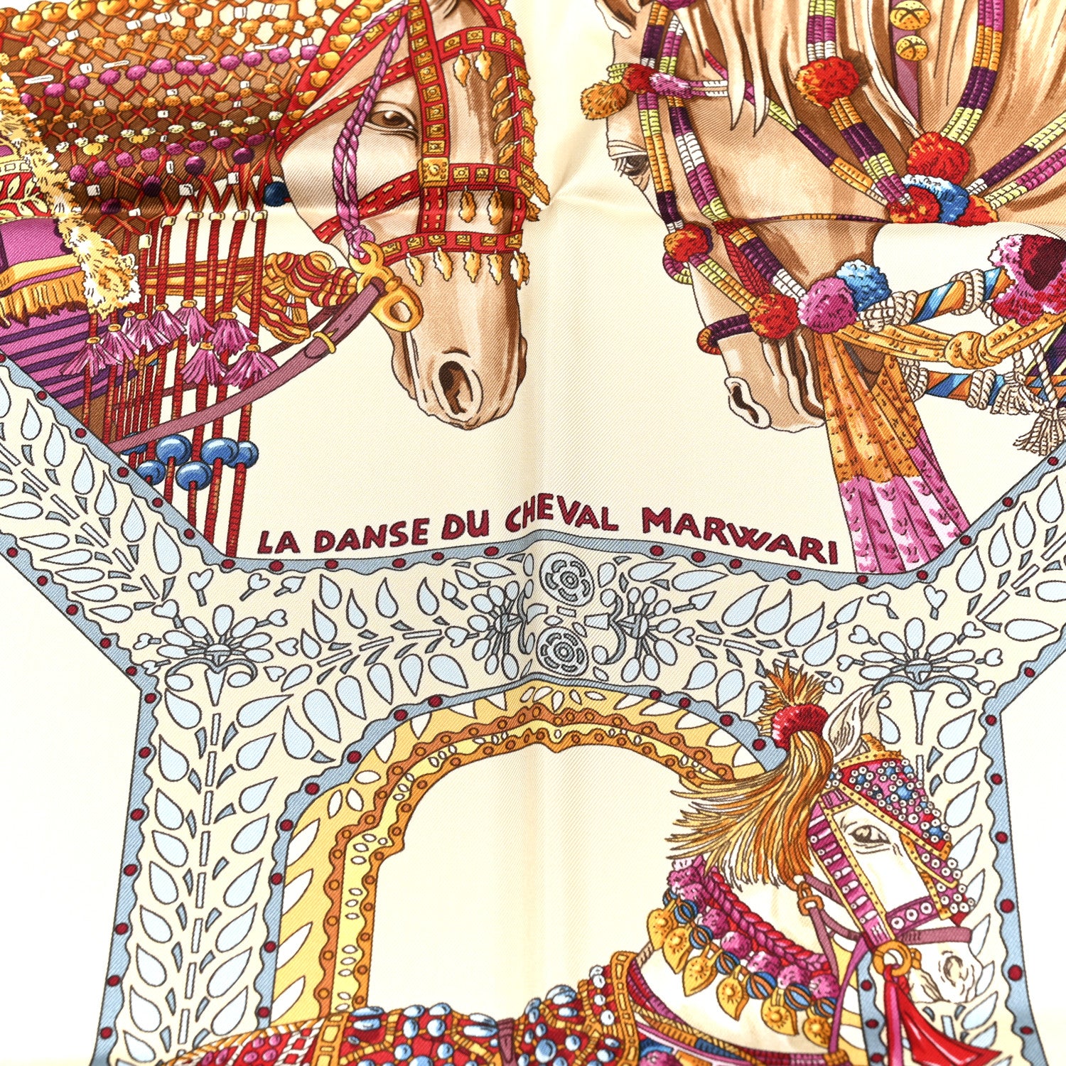 Hermes Silk La Danse du Cheval Marwari Scarf 90 Vanille Bleu Gris Multicolor 5 of 5