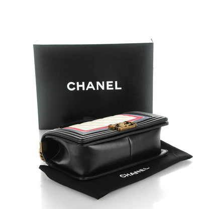 Chanel Calfskin Quilted Crest Embellished Medium Boy Flap Black White Blue 4 of 8