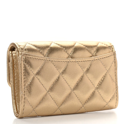 Chanel Metallic Lambskin Quilted Flap Card Holder Wallet Gold 3 of 9
