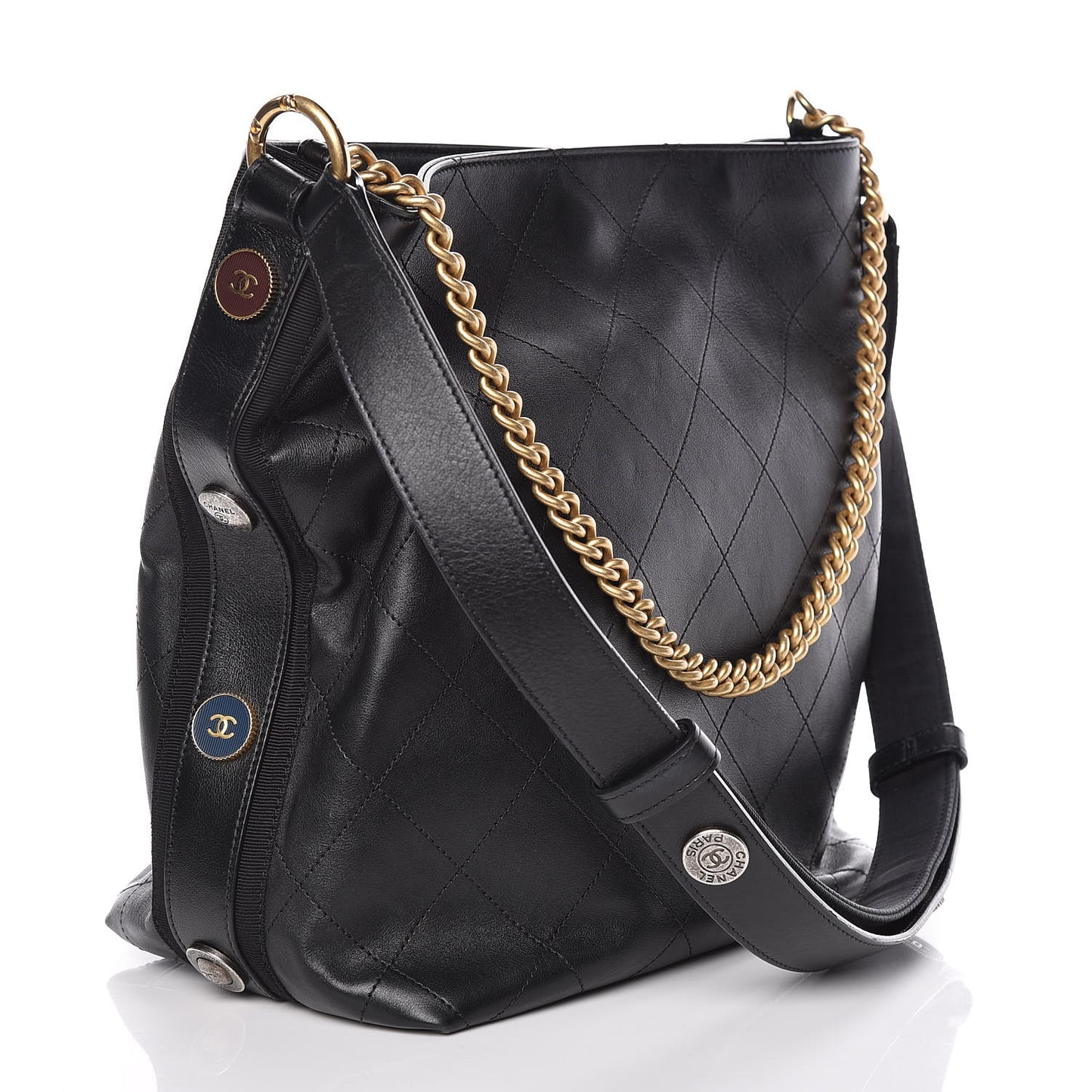 Calfskin Stitched Large Button Up Hobo Black