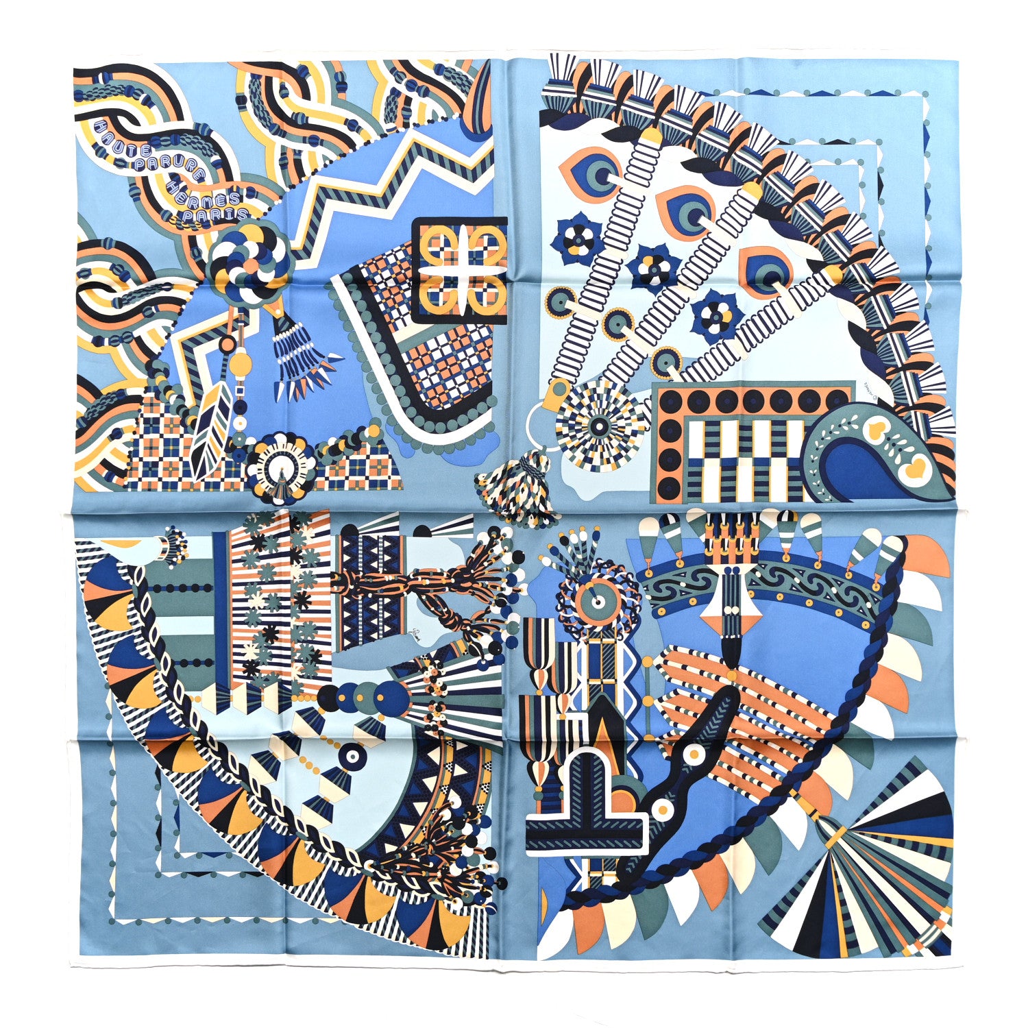 Hermes Silk Haute Parure Scarf 90 Bleu Jean Beige Dore Ciel 1 of 4