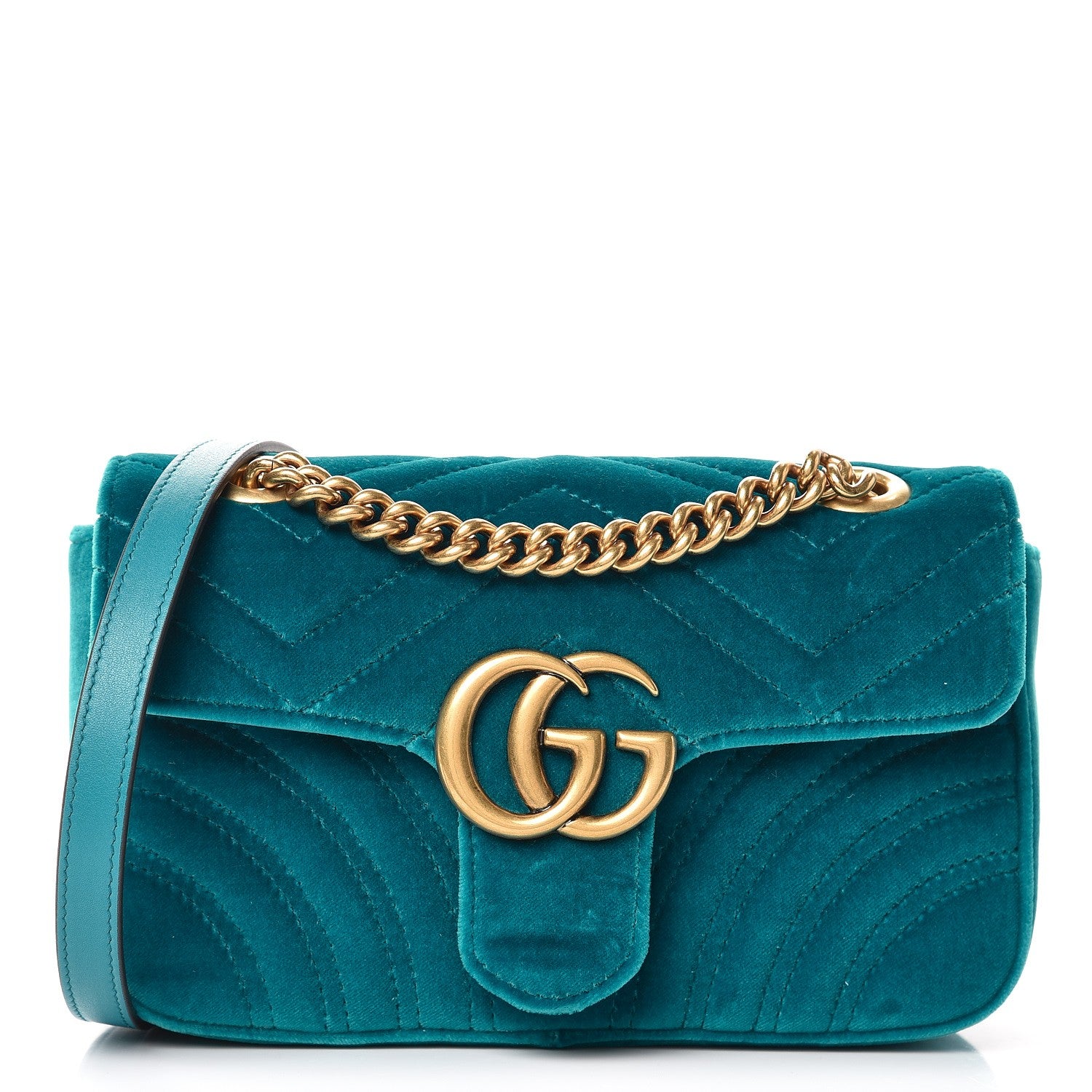 Gucci Velvet Matelasse Mini GG Marmont Shoulder Bag Pavone Cyan 1 of 7