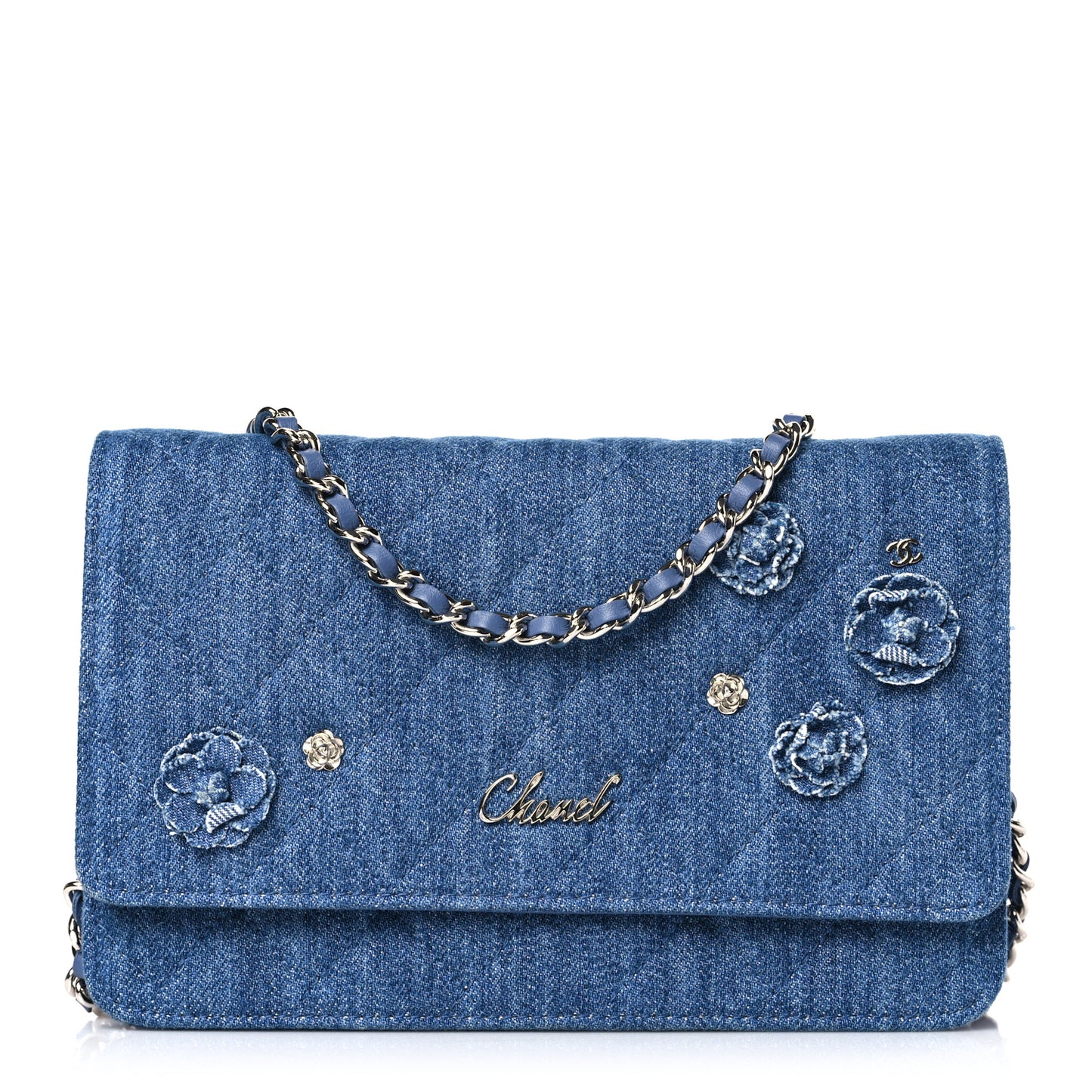 Denim Quilted Camellia Wallet On Chain WOC Blue