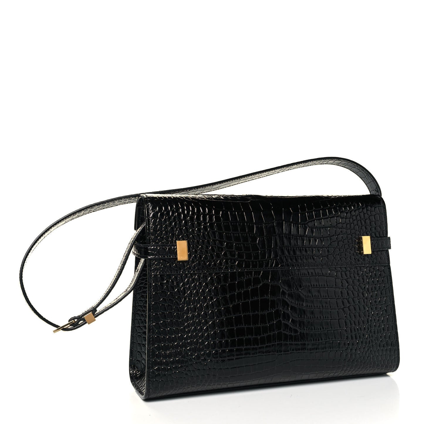 Shiny Calfskin Crocodile Embossed Manhattan Baguette Black