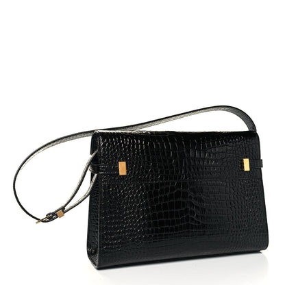 Saint Laurent Shiny Calfskin Crocodile Embossed Manhattan Baguette Black 3 of 10