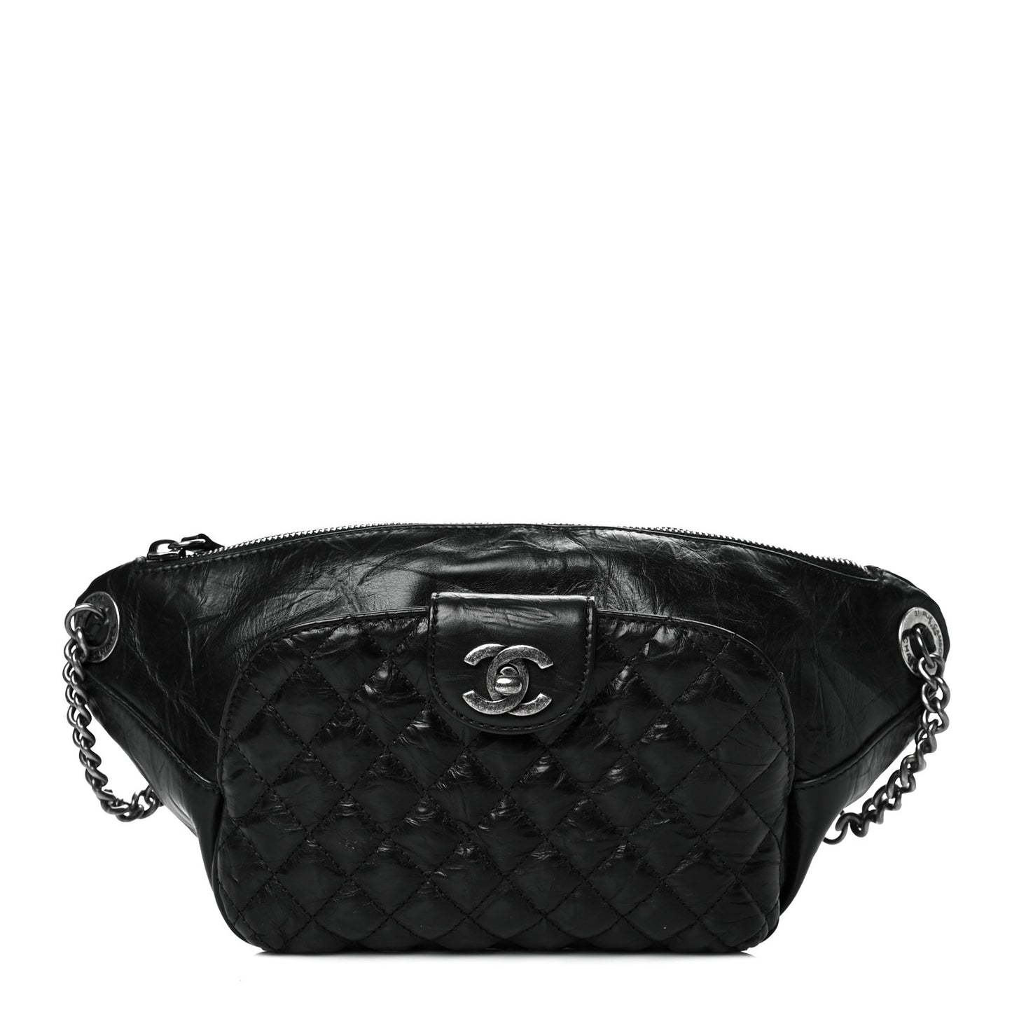 Crumpled Calfskin Quilted Casual Rock Waist Bag Fanny Pack Black