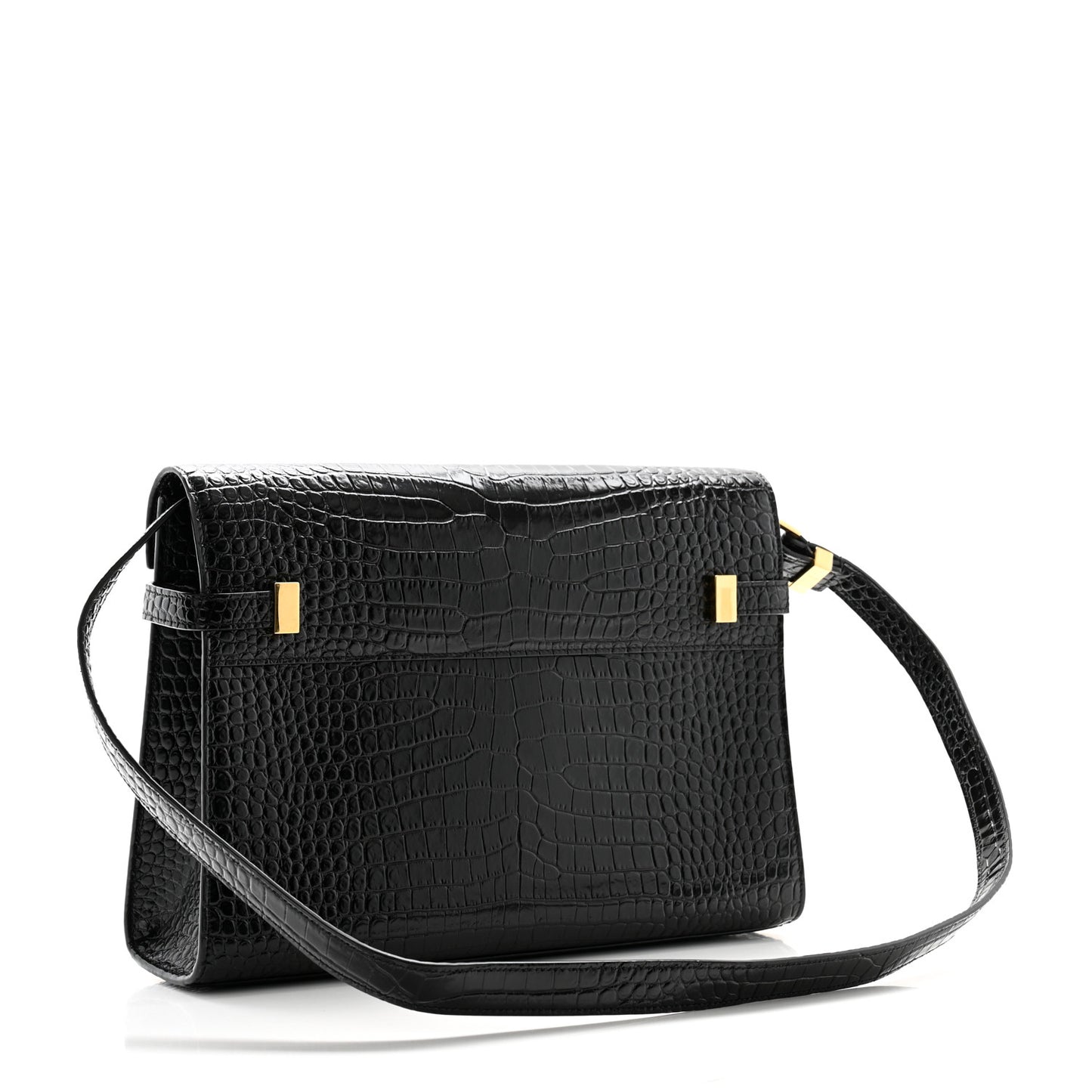 Shiny Calfskin Crocodile Embossed Manhattan Baguette Black
