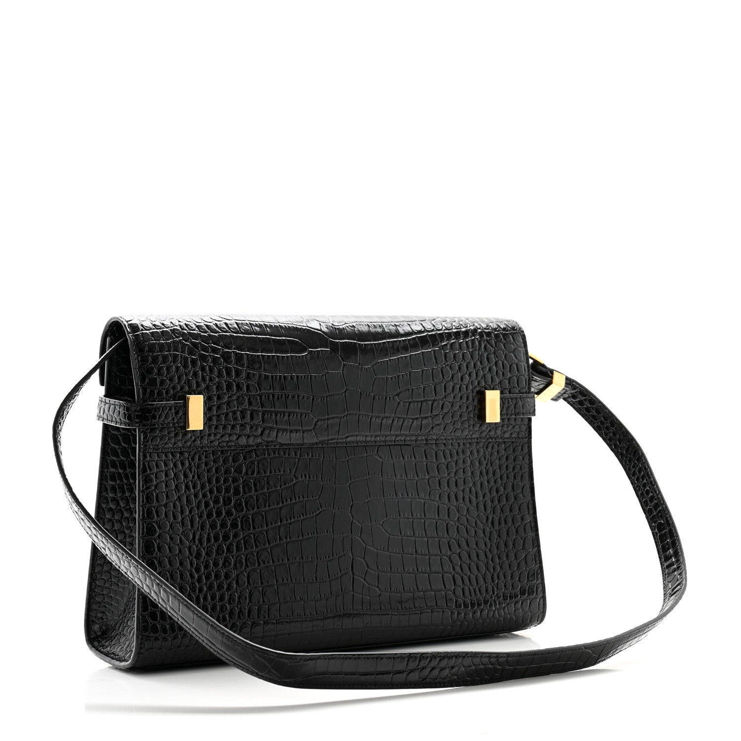 Saint Laurent Shiny Calfskin Crocodile Embossed Manhattan Baguette Black 3 of 10