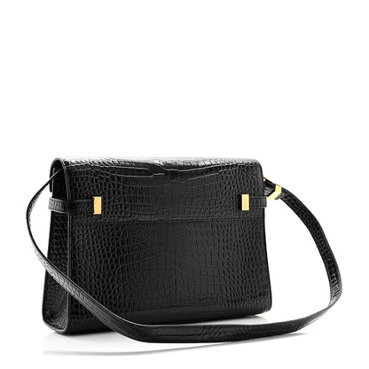 Saint Laurent Shiny Calfskin Crocodile Embossed Manhattan Baguette Black 3 of 10