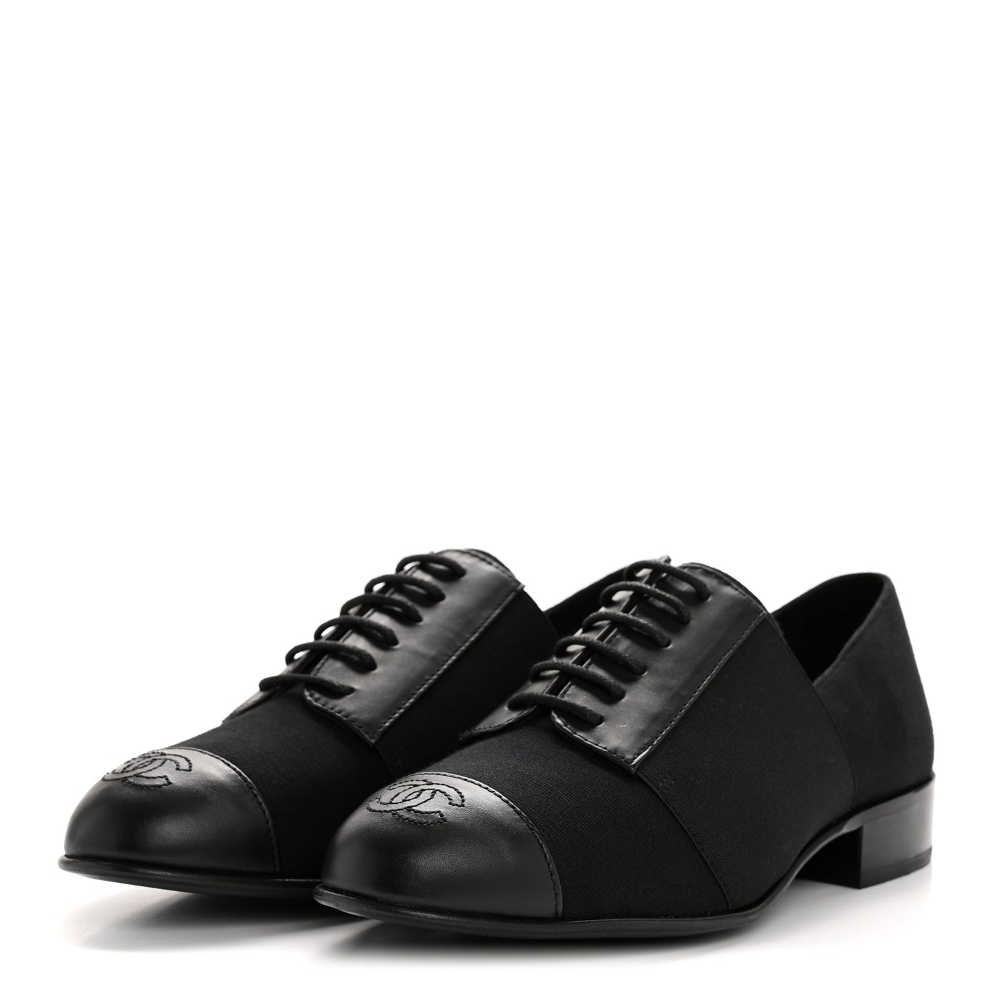 Calfskin Elastic Lace Up Cap Toe CC Loafers 35.5 Black