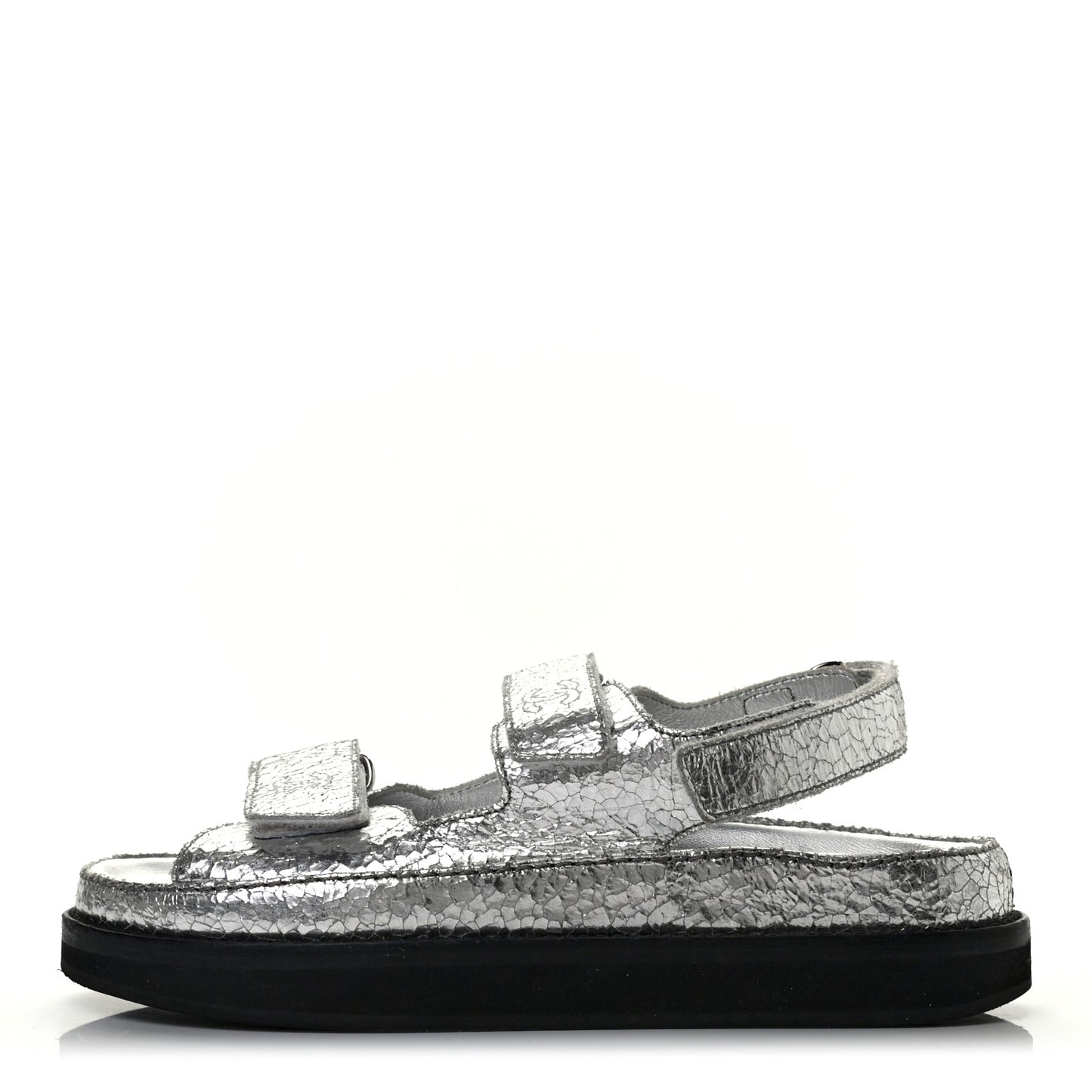 Metallic Crackled Calfskin Velcro Dad Sandals 36 Silver