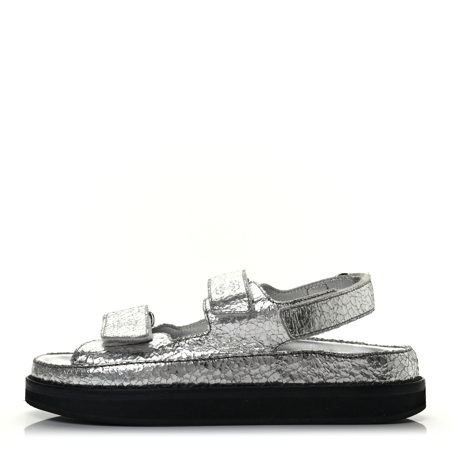 Chanel Metallic Crackled Calfskin Velcro Dad Sandals 36 Silver 1 of 7