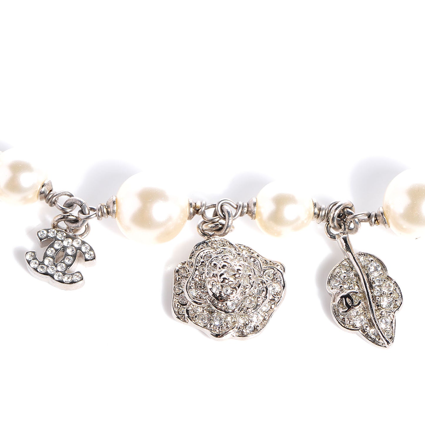 Crystal Pearl Charm Necklace Silver