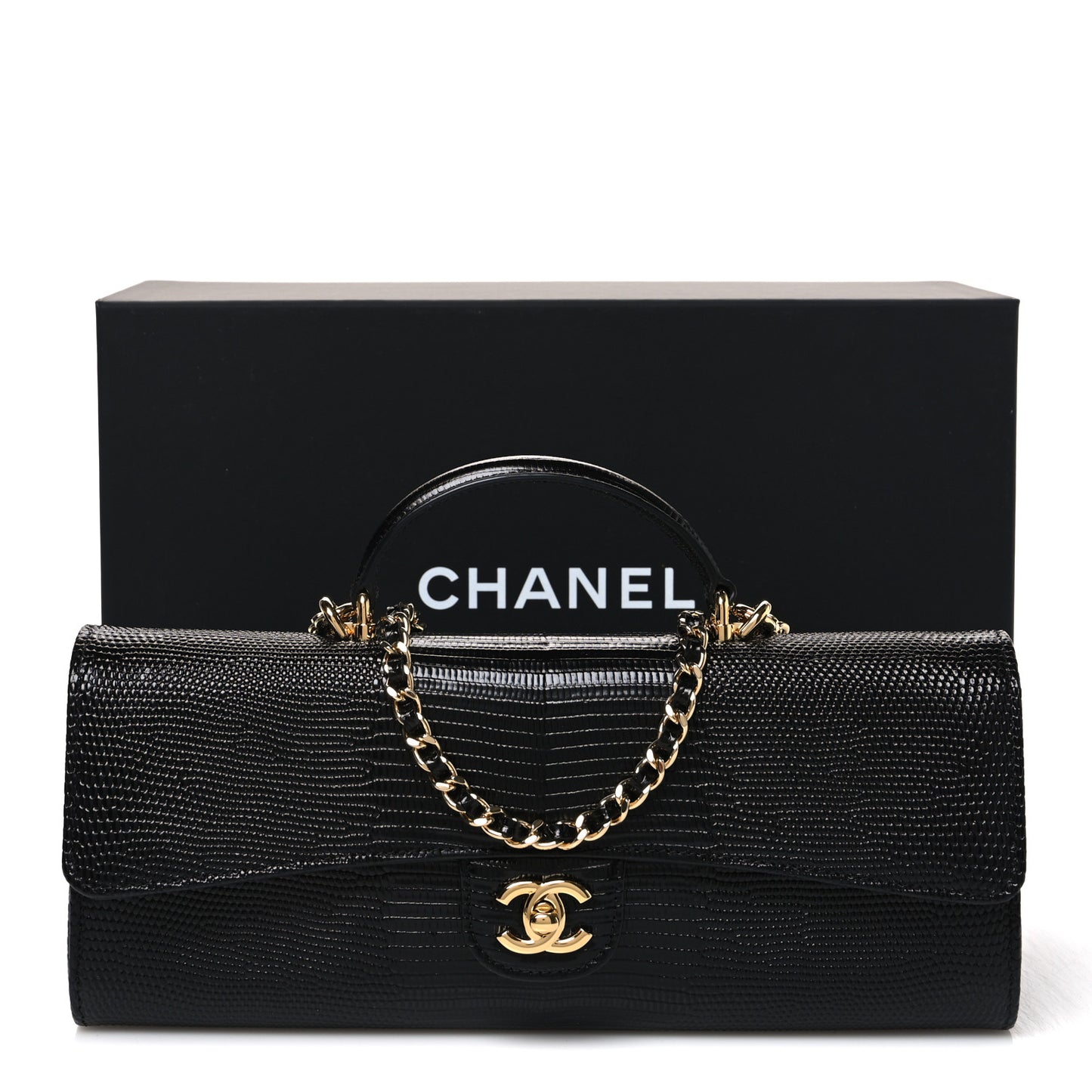 Calfskin Lizard Embossed Top Handle Long Clutch With Chain Black
