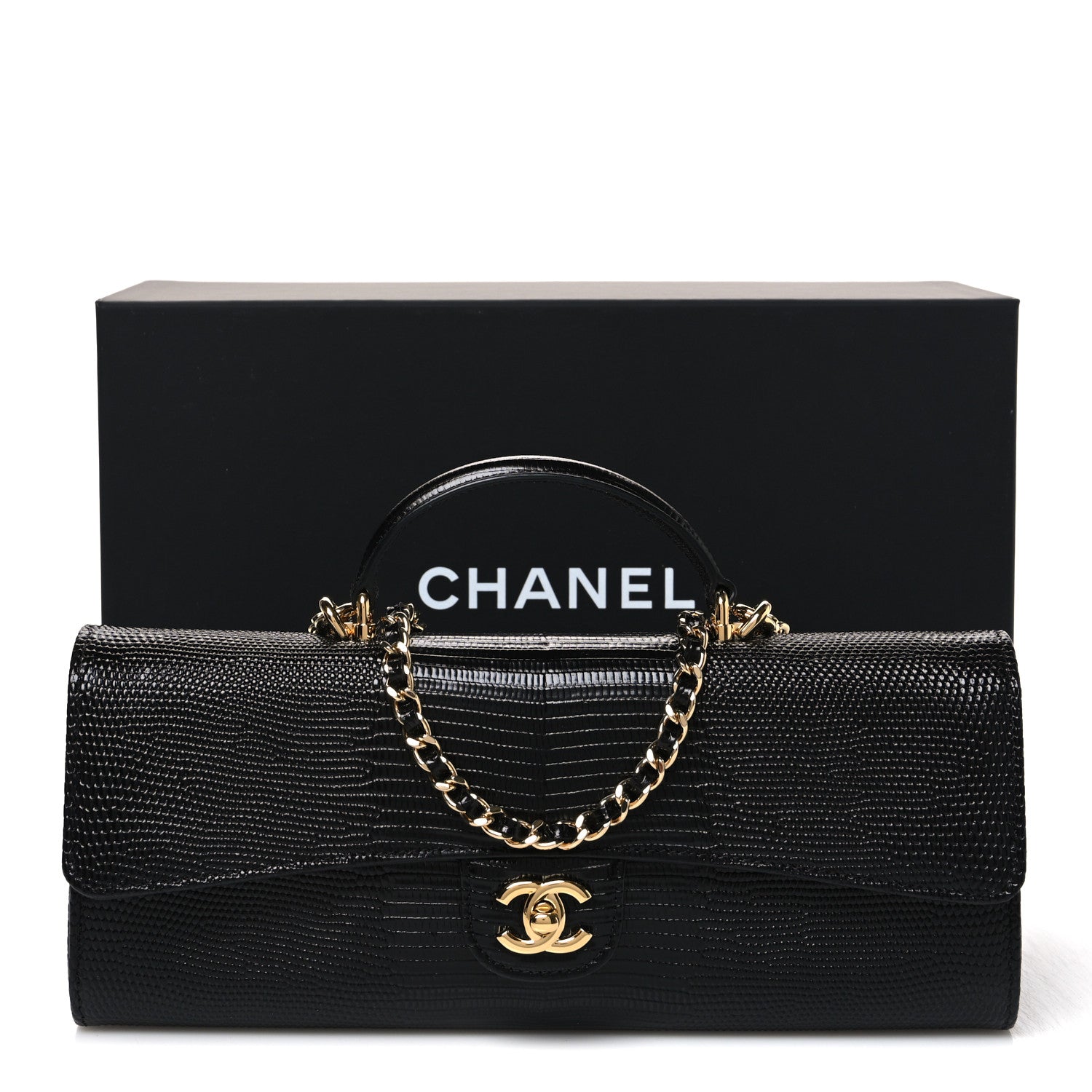 Chanel Calfskin Lizard Embossed Top Handle Long Clutch With Chain Black 12 of 12