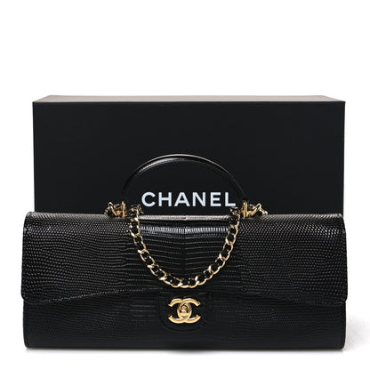 Chanel Calfskin Lizard Embossed Top Handle Long Clutch With Chain Black 12 of 12
