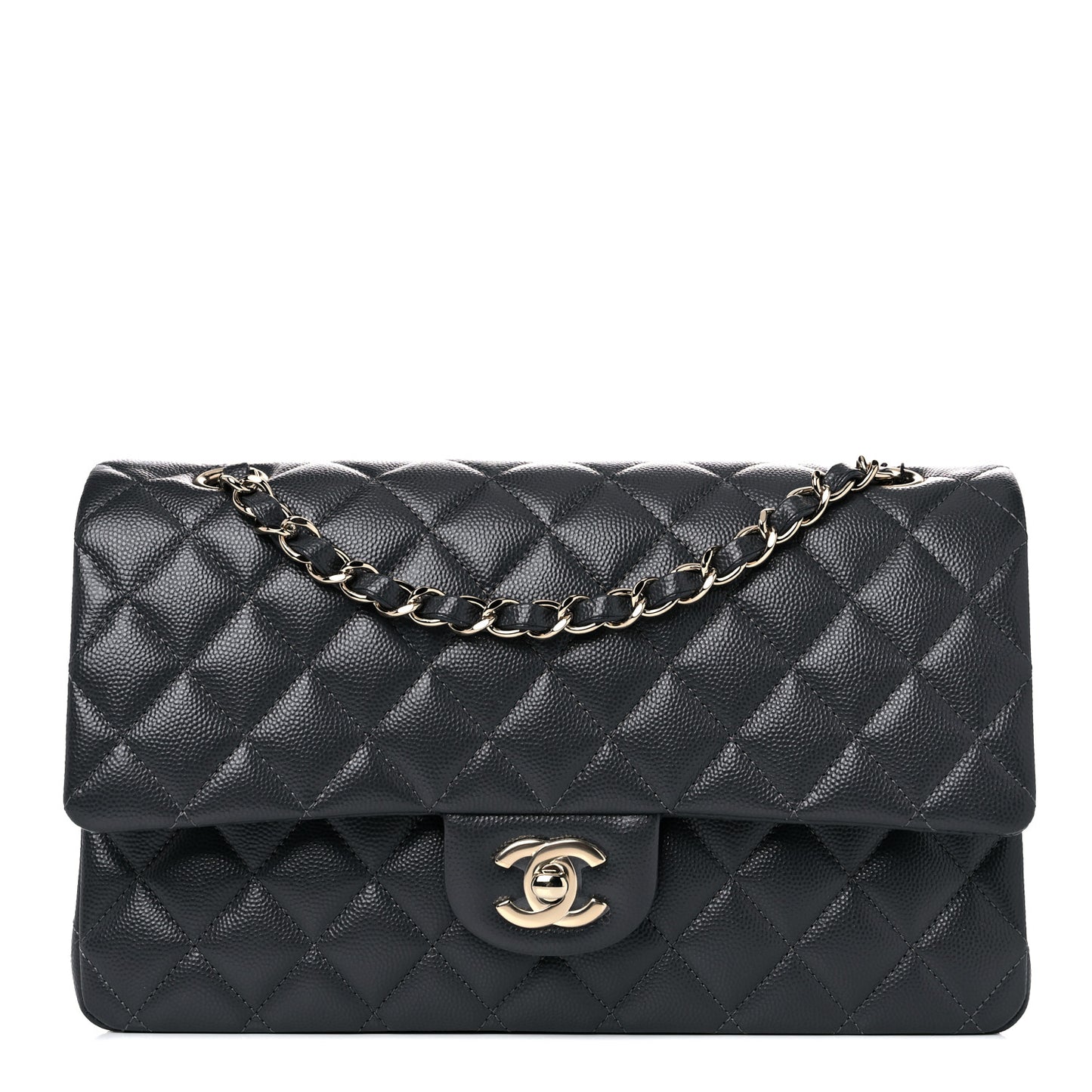 Caviar Quilted Medium Double Flap Dark Grey