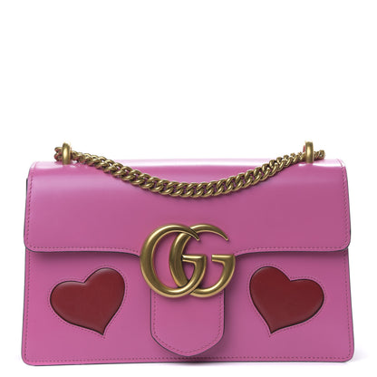 Gucci Knight Calfskin Malaga Kid Heart Medium GG Marmont Chain Handle Bag Tropical Pink Flower Hibiscus Red Multicolor 1 of 10