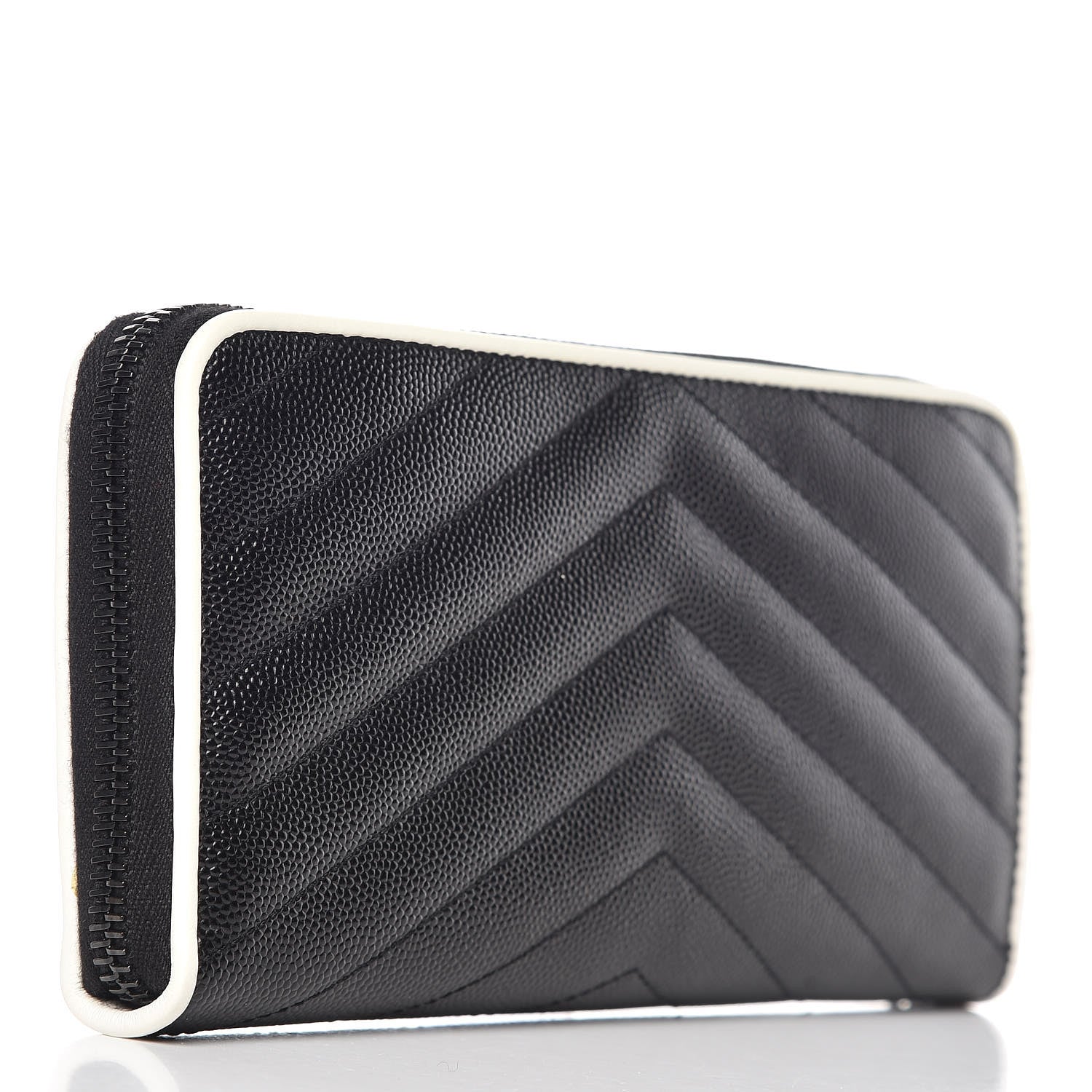 Saint Laurent Grain De Poudre Matelasse Chevron Monogram Zip Around Wallet Black Dove White 3 of 10