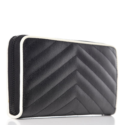 Saint Laurent Grain De Poudre Matelasse Chevron Monogram Zip Around Wallet Black Dove White 3 of 10