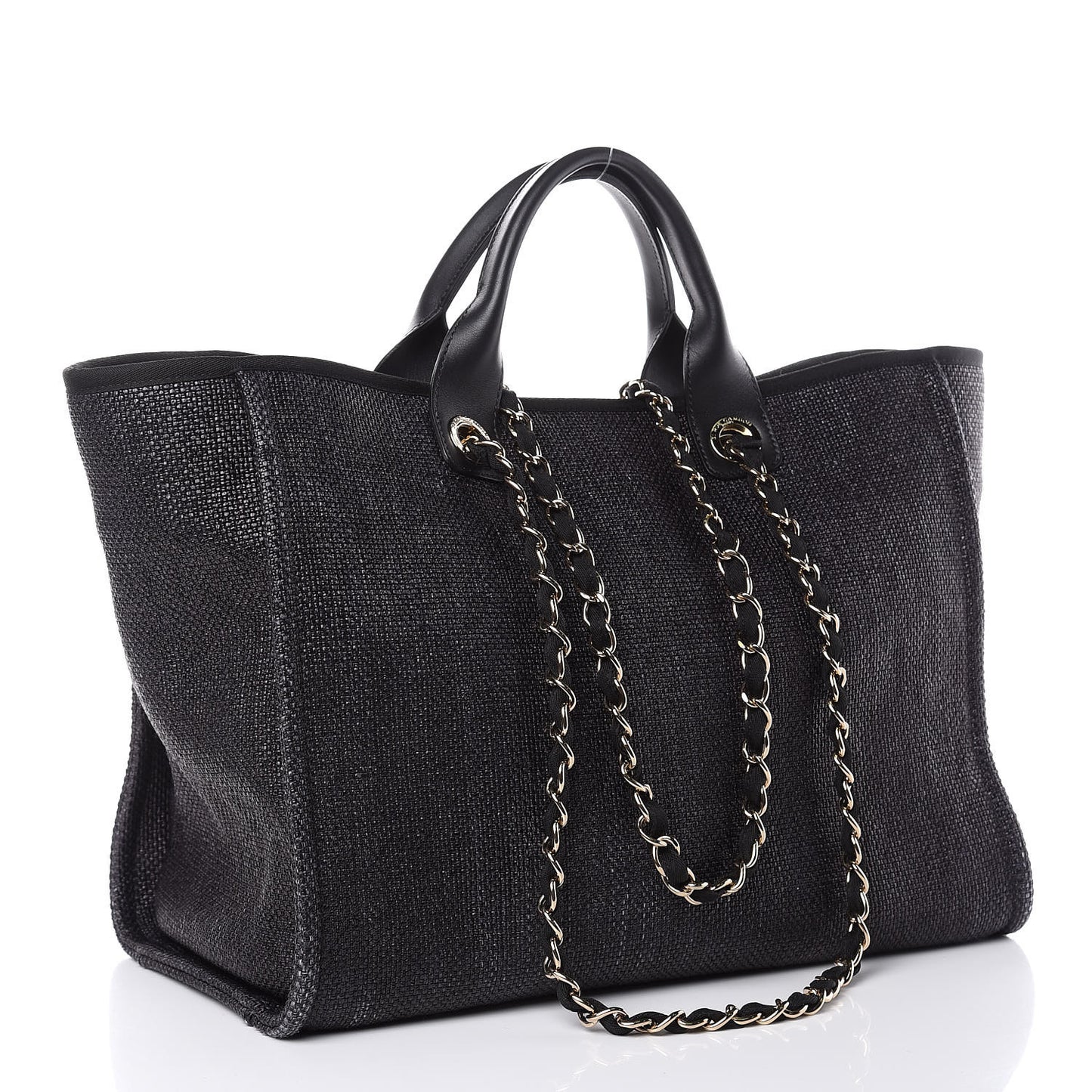Woven Straw Raffia Large Deauville Tote Black