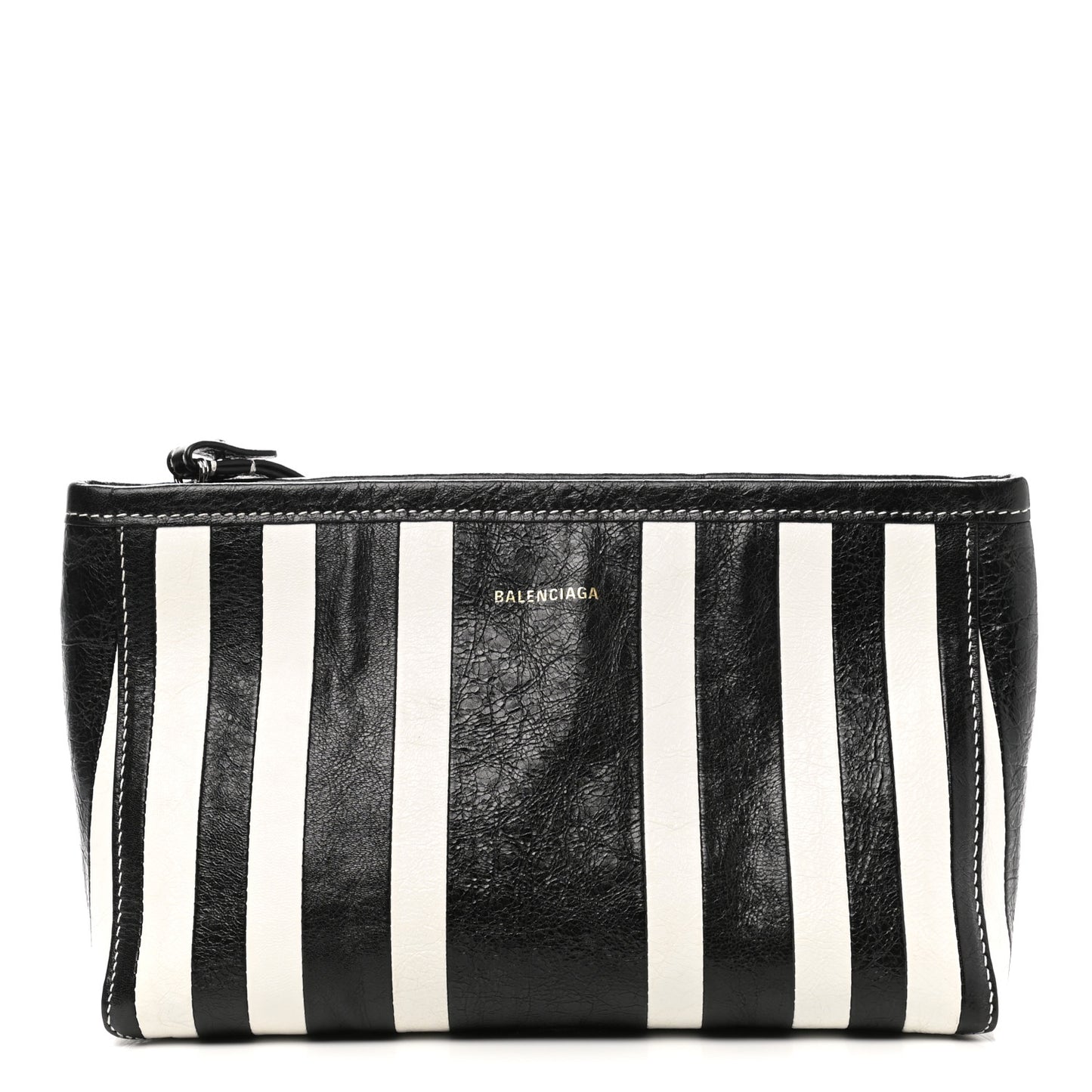 Agneau Arena Striped Patchwork Small Barbes Z Pouch with Handle Black White