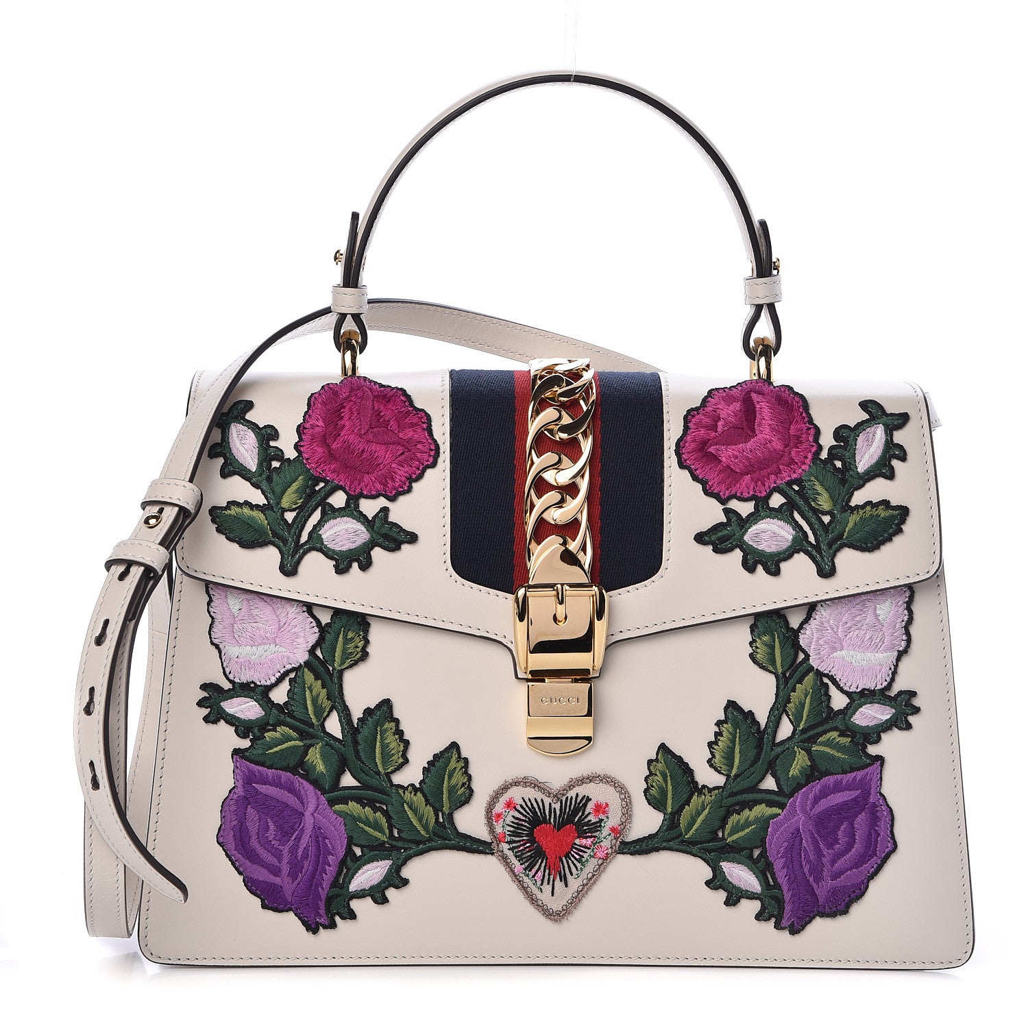 Gucci Calfskin Embroidered Medium Sylvie Top Handle Bag White 1 of 9