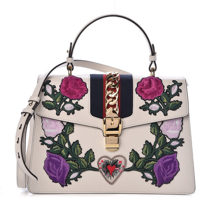 Gucci Calfskin Embroidered Medium Sylvie Top Handle Bag White 1 of 9