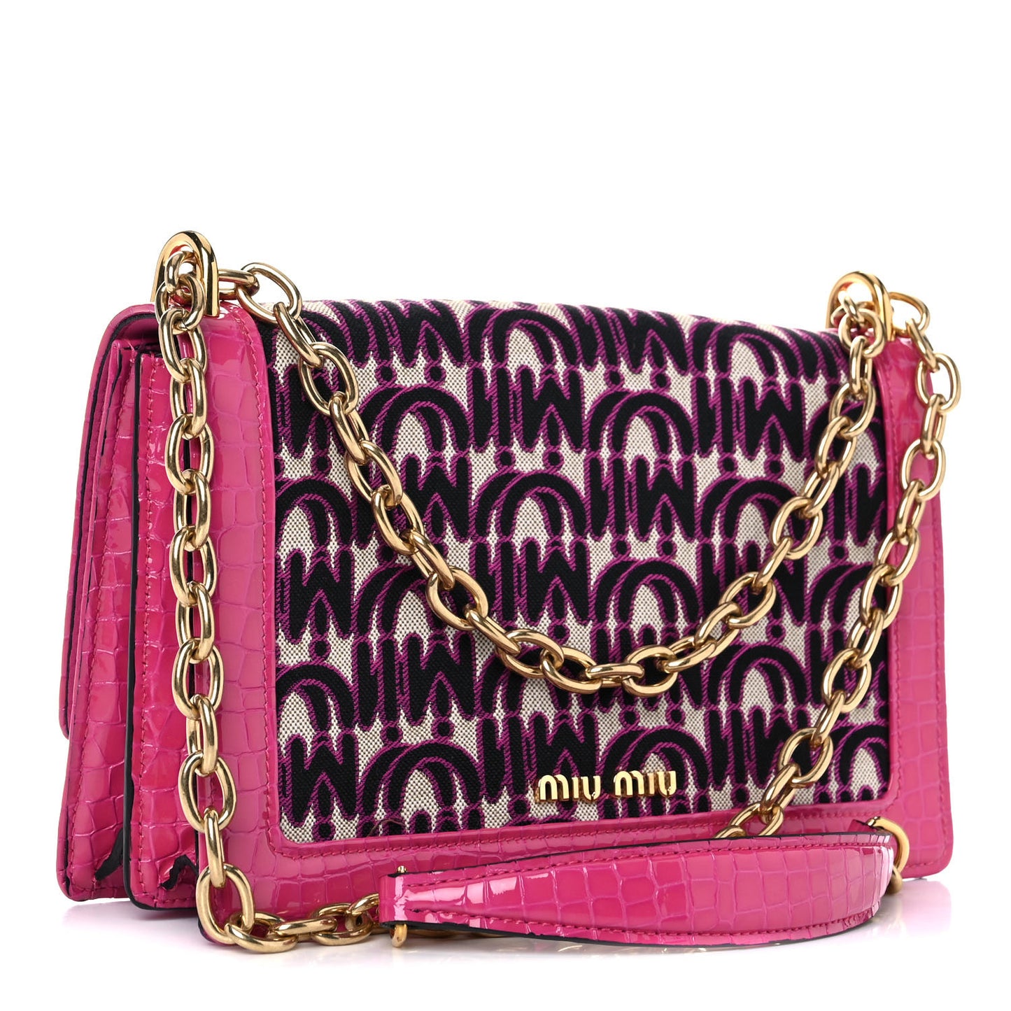 Jacquard Crocodile Embossed Calfskin Crystal Solitaire Flap Bag Fuxia