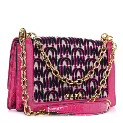 Miu Miu Jacquard Crocodile Embossed Calfskin Crystal Solitaire Flap Bag Fuxia 2 of 12