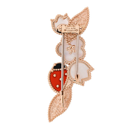 Van Cleef & Arpels 18K Rose Gold Mother of Pearl Carnelian Black Onyx Lucky Spring Brooch 3 of 5