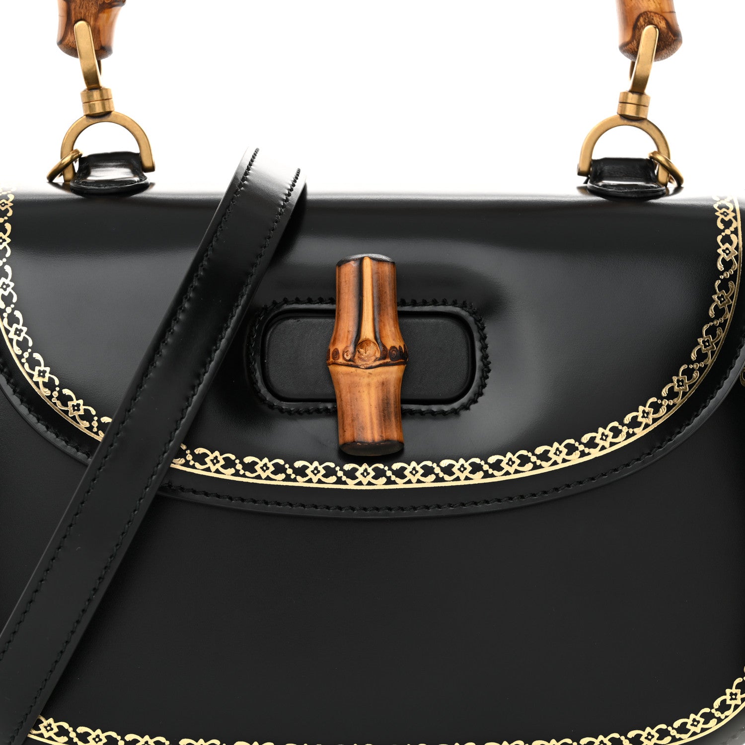 Gucci Calfskin Frame Print Bamboo Top Handle Bag Black 8 of 13