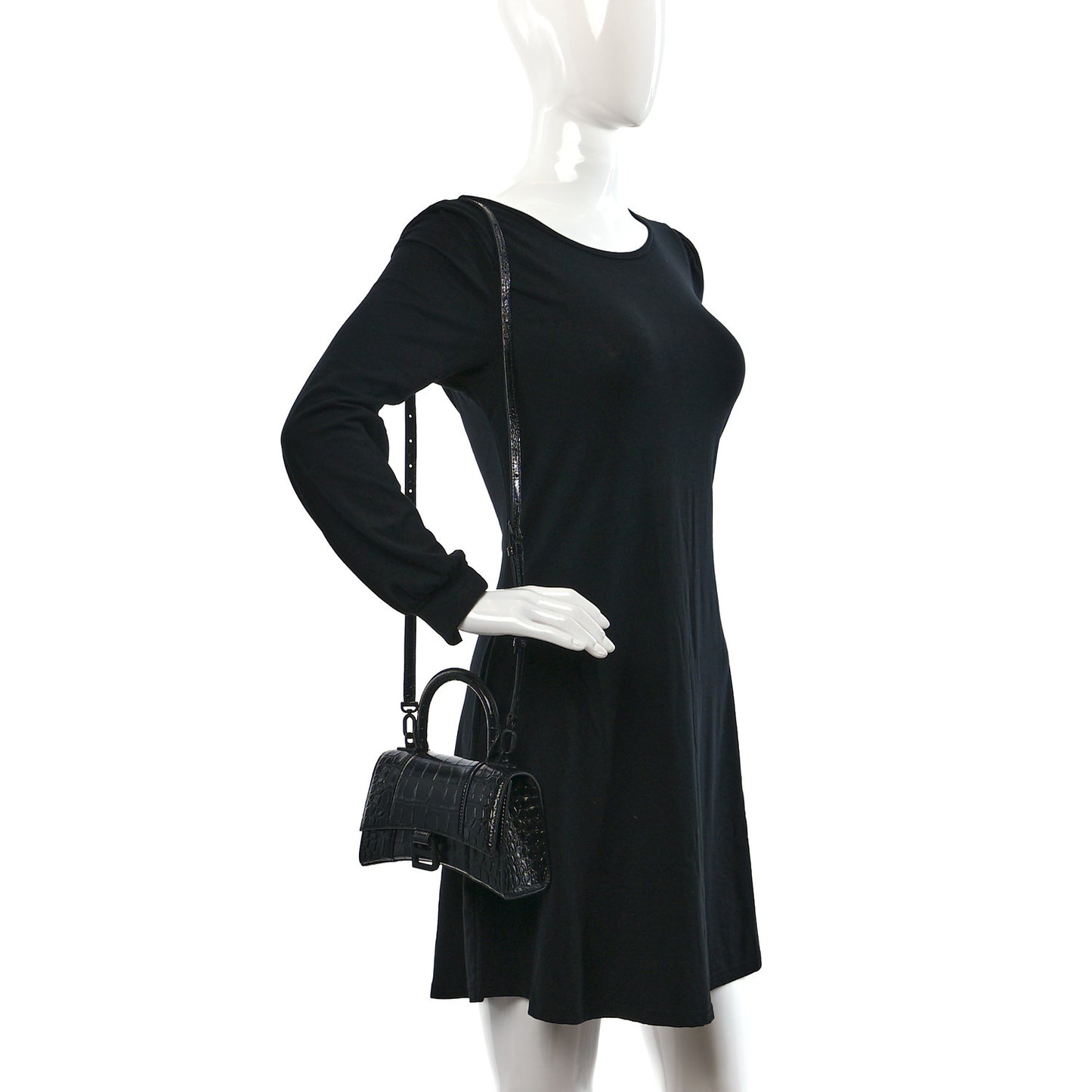 Shiny Calfskin Monochrome Crocodile Embossed Hourglass Top Handle Bag XS Black