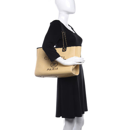 Chanel Straw Raffia Calfskin Chain Small Deauville Tote Beige Black 2 of 9
