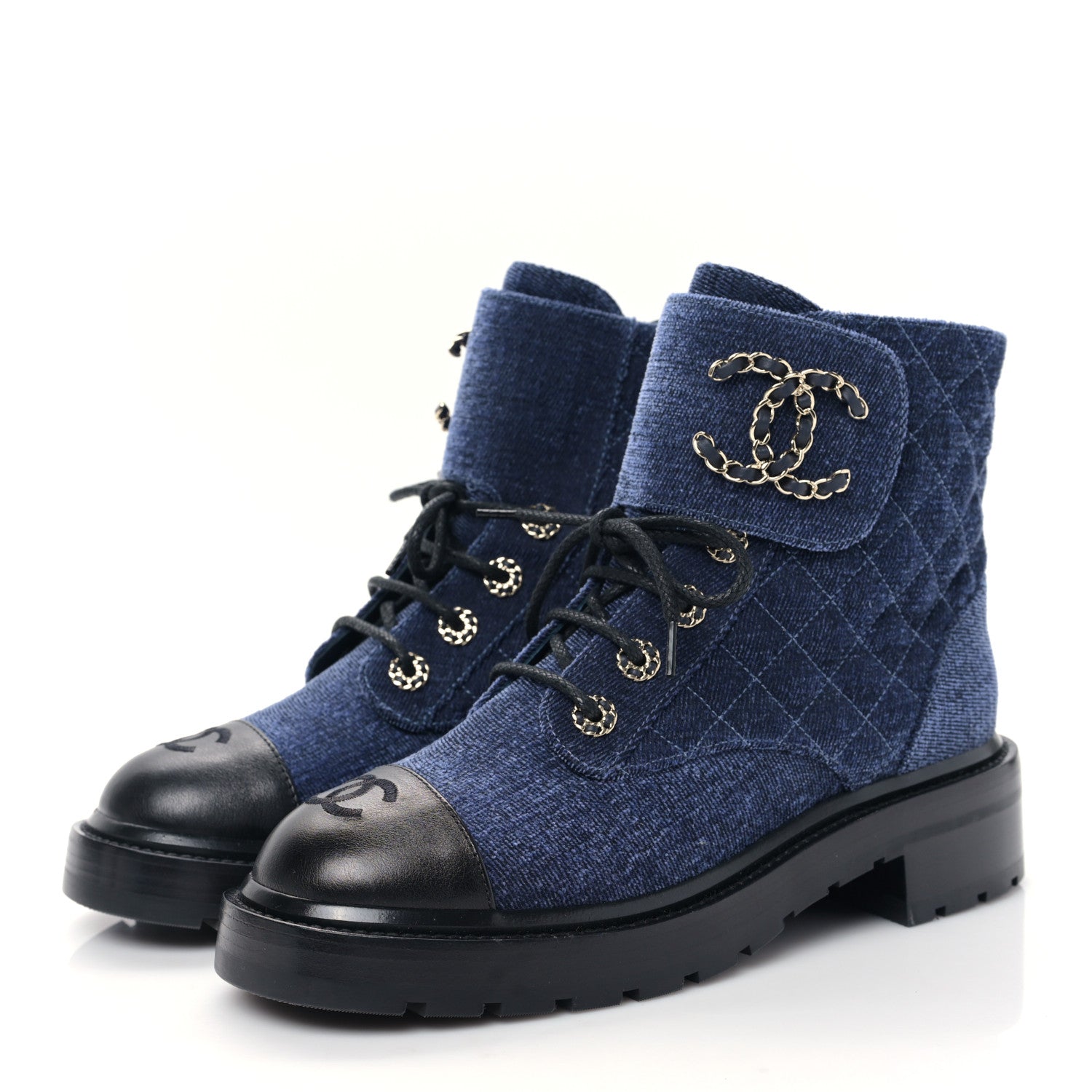 Chanel Shiny Calfskin Velvet Quilted Lace Up Combat Boots 38.5 Blue 3 of 8