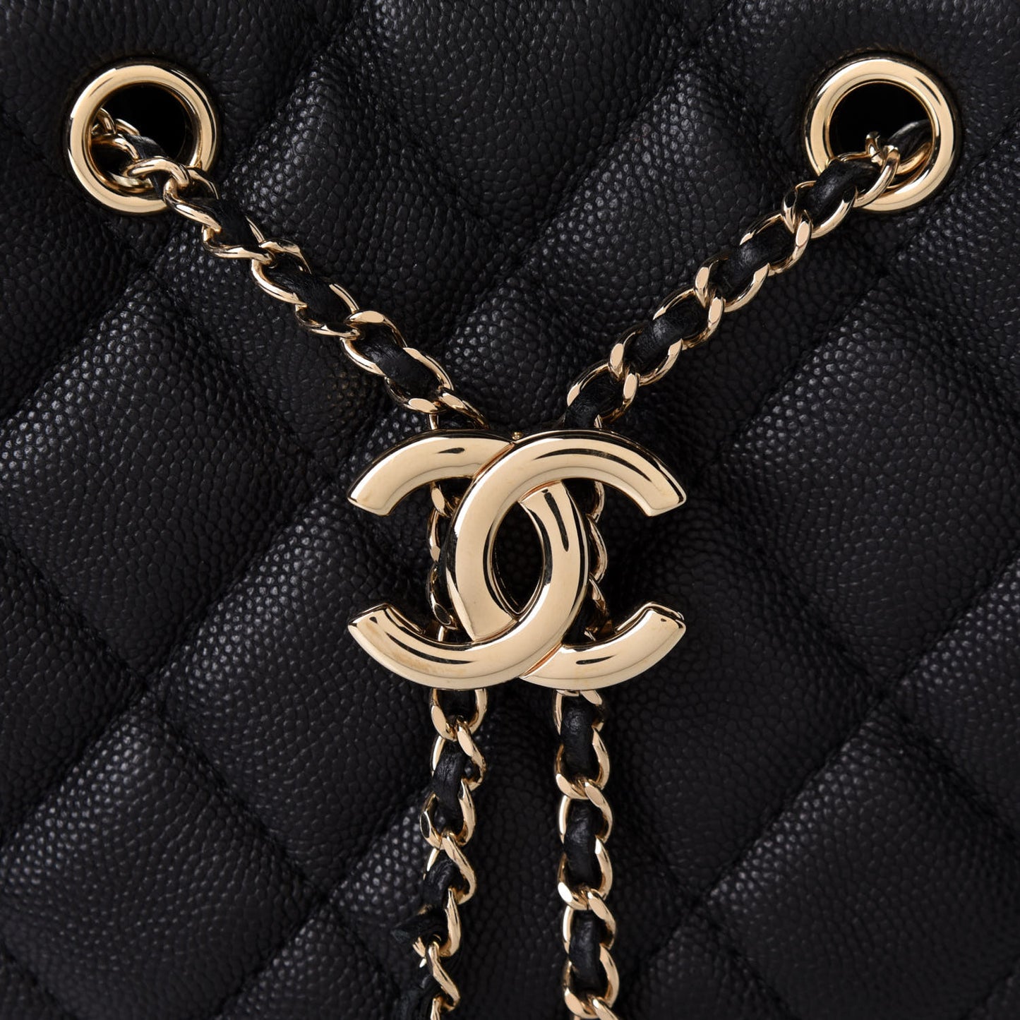 Caviar Quilted Rolled Up Bucket Drawstring Bag Black