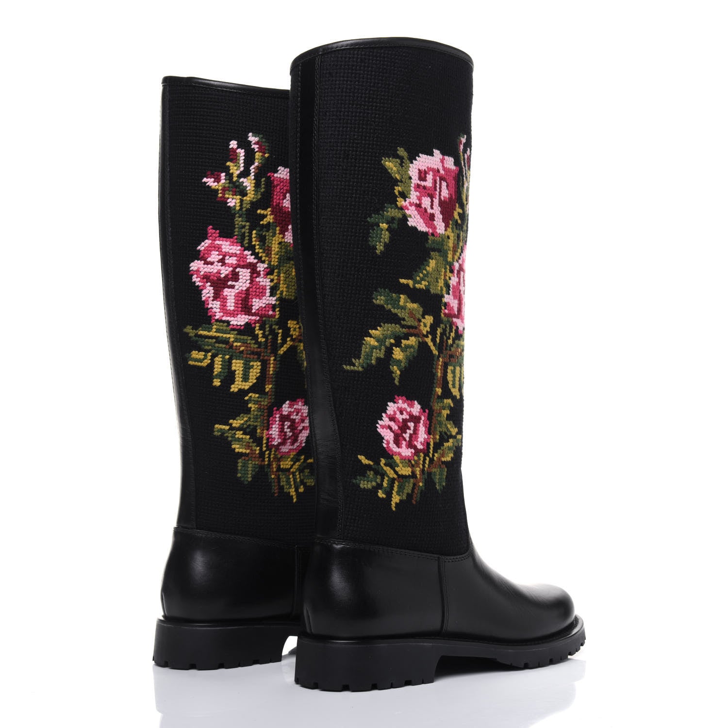 Saint Laurent Calfskin Woven Wool Embroidered Knee High Boots 37 Black 4 of 8